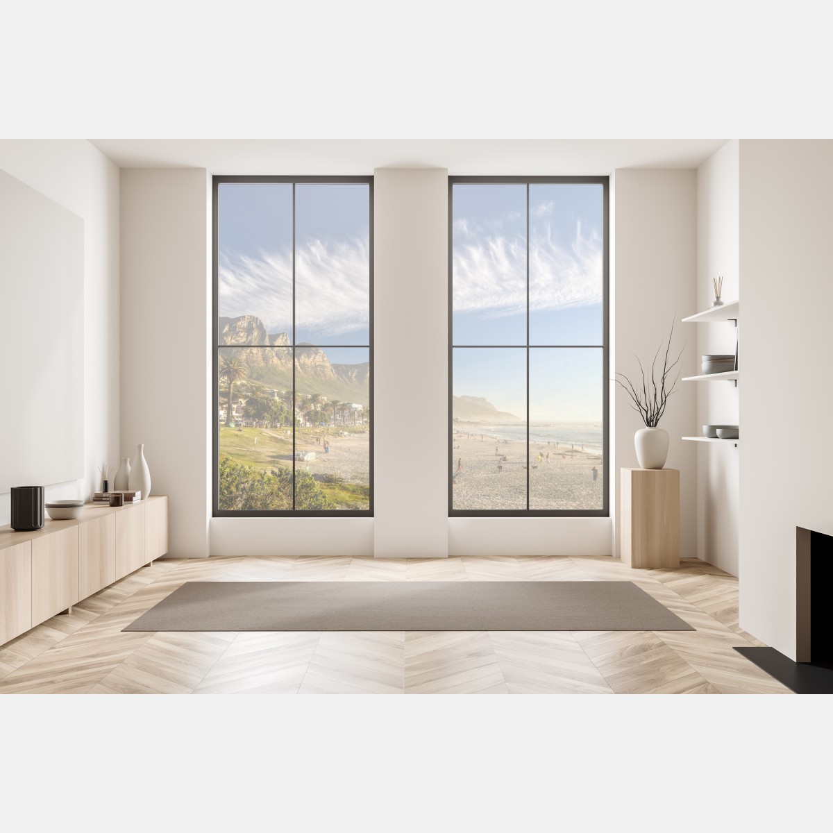 Naklejka na okno słoneczna plaża z górskim tłem – Wallissimo® Naklejka na okno słoneczna plaża z górskim tłem – Wallissimo®