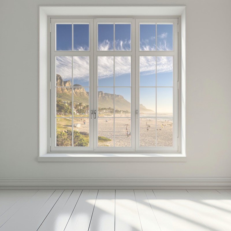 Naklejka na okno słoneczna plaża z górskim tłem – Wallissimo® Naklejka na okno słoneczna plaża z górskim tłem – Wallissimo®