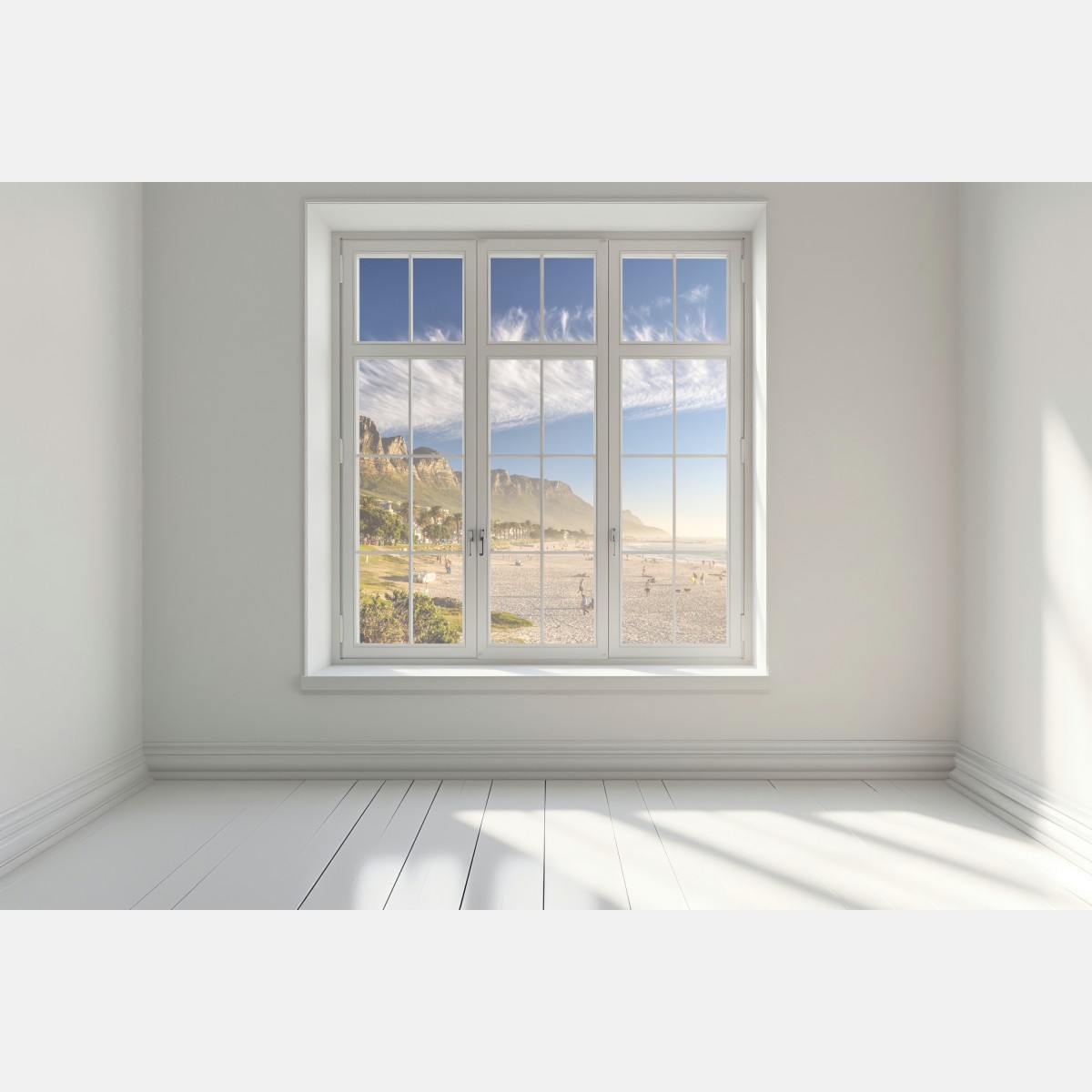 Naklejka na okno słoneczna plaża z górskim tłem – Wallissimo® Naklejka na okno słoneczna plaża z górskim tłem – Wallissimo®