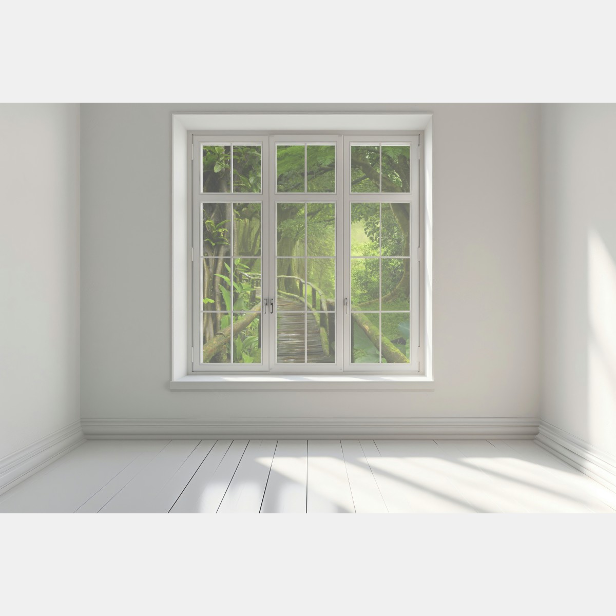 Naklejka na okno mglista kładka w tropikalnej dżungli – Wallissimo® Naklejka na okno mglista kładka w tropikalnej dżungli – Wallissimo®