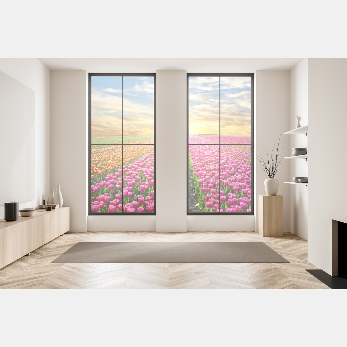 Naklejka na okno wschód słońca nad polami tulipanów w Holandii – Wallissimo® Naklejka na okno wschód słońca nad polami tulipanów w Holandii – Wallissimo®