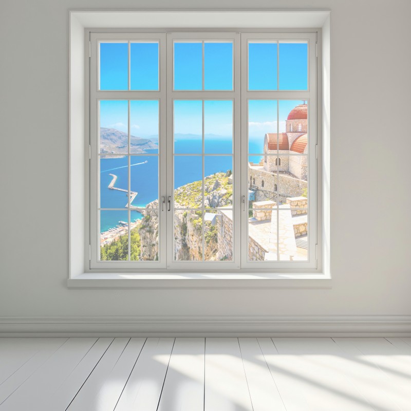 Naklejka na okno grecki kościół na klifie nad morzem – Wallissimo® Naklejka na okno grecki kościół na klifie nad morzem – Wallissimo®