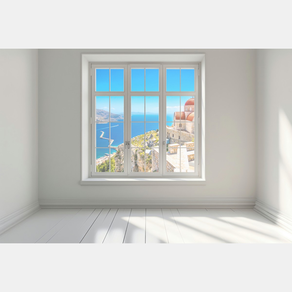 Naklejka na okno grecki kościół na klifie nad morzem – Wallissimo® Naklejka na okno grecki kościół na klifie nad morzem – Wallissimo®