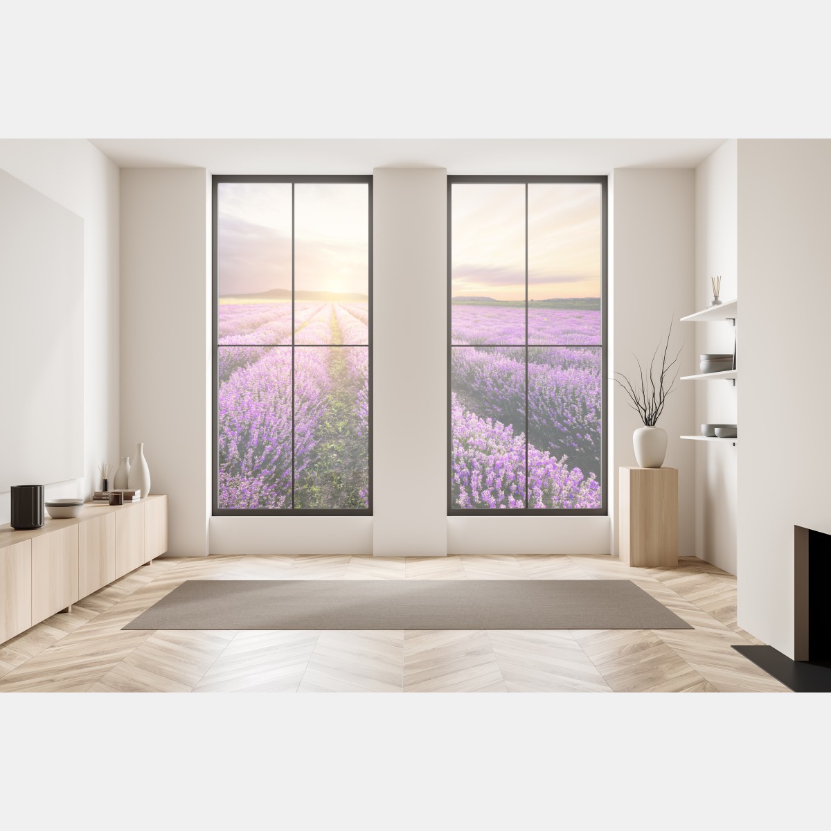 Naklejka na okno wschód słońca nad polami lawendy – Wallissimo® Naklejka na okno wschód słońca nad polami lawendy – Wallissimo®