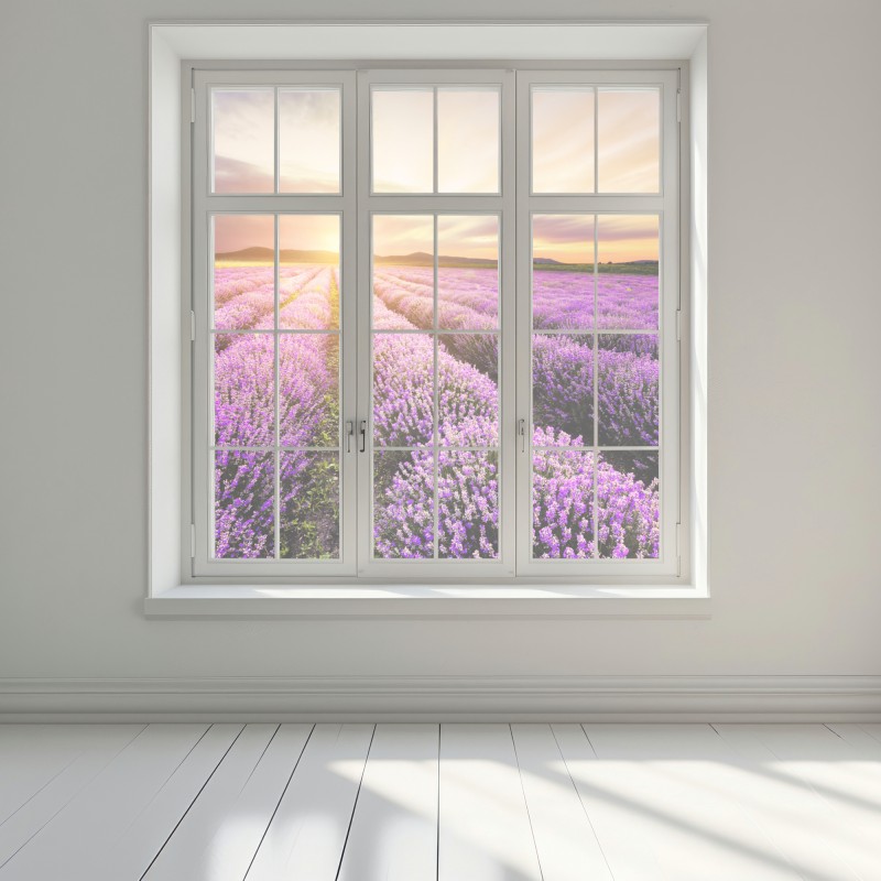 Naklejka na okno wschód słońca nad polami lawendy – Wallissimo® Naklejka na okno wschód słońca nad polami lawendy – Wallissimo®