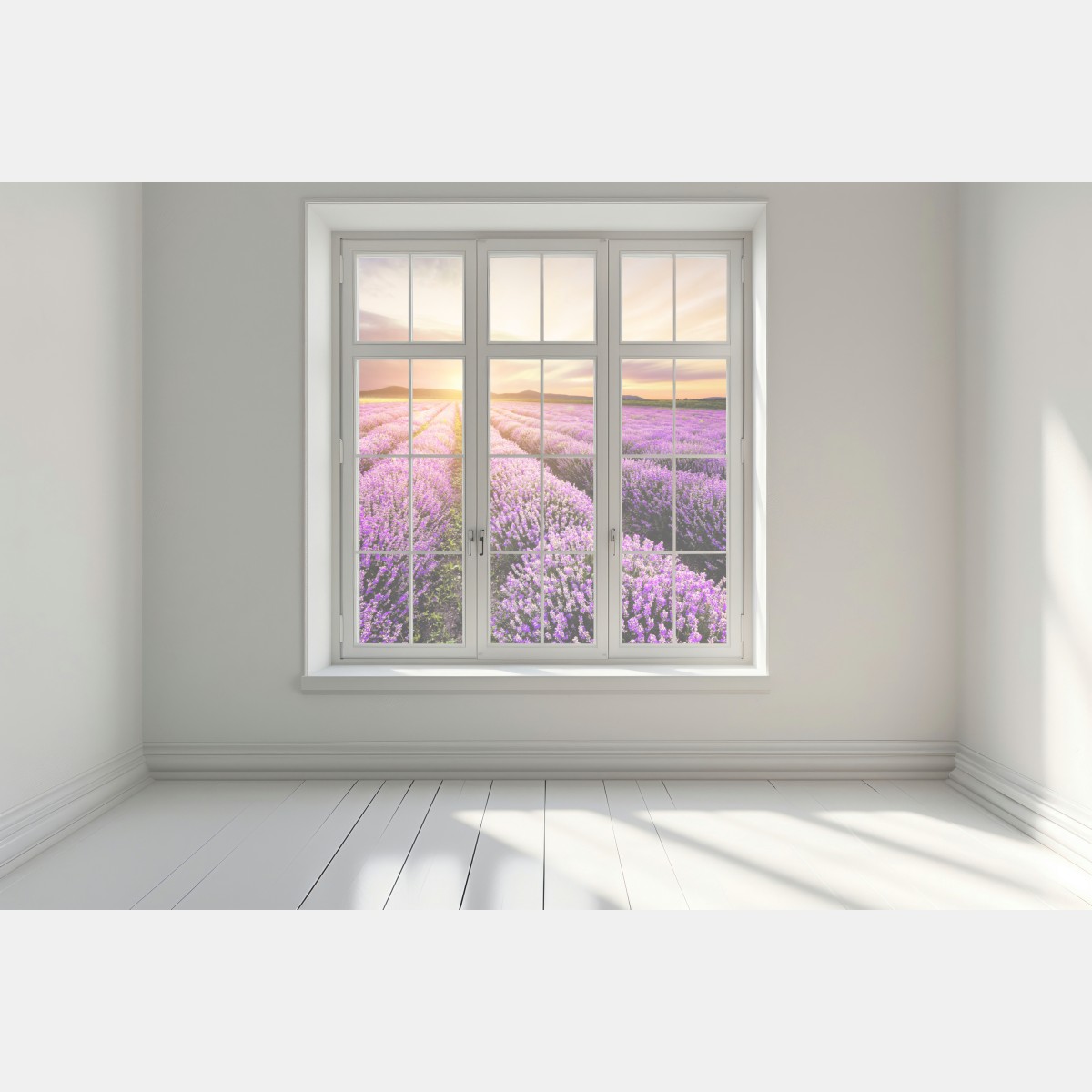 Naklejka na okno wschód słońca nad polami lawendy – Wallissimo® Naklejka na okno wschód słońca nad polami lawendy – Wallissimo®