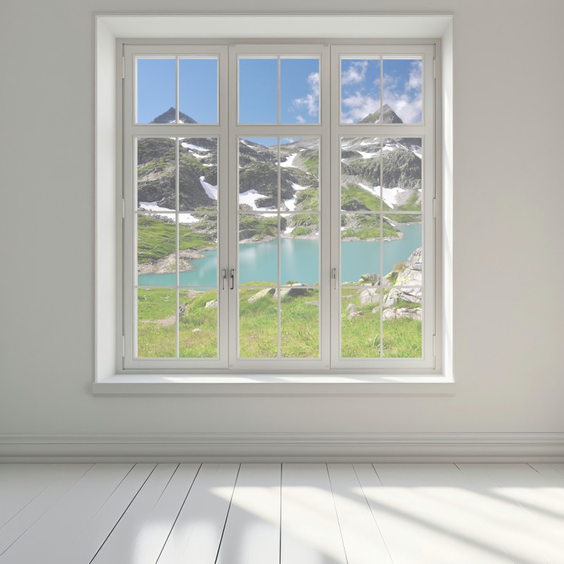 Naklejka na okno alpejskie jezioro z turkusową wodą i górami – Wallissimo® Naklejka na okno alpejskie jezioro z turkusową wodą i górami – Wallissimo®