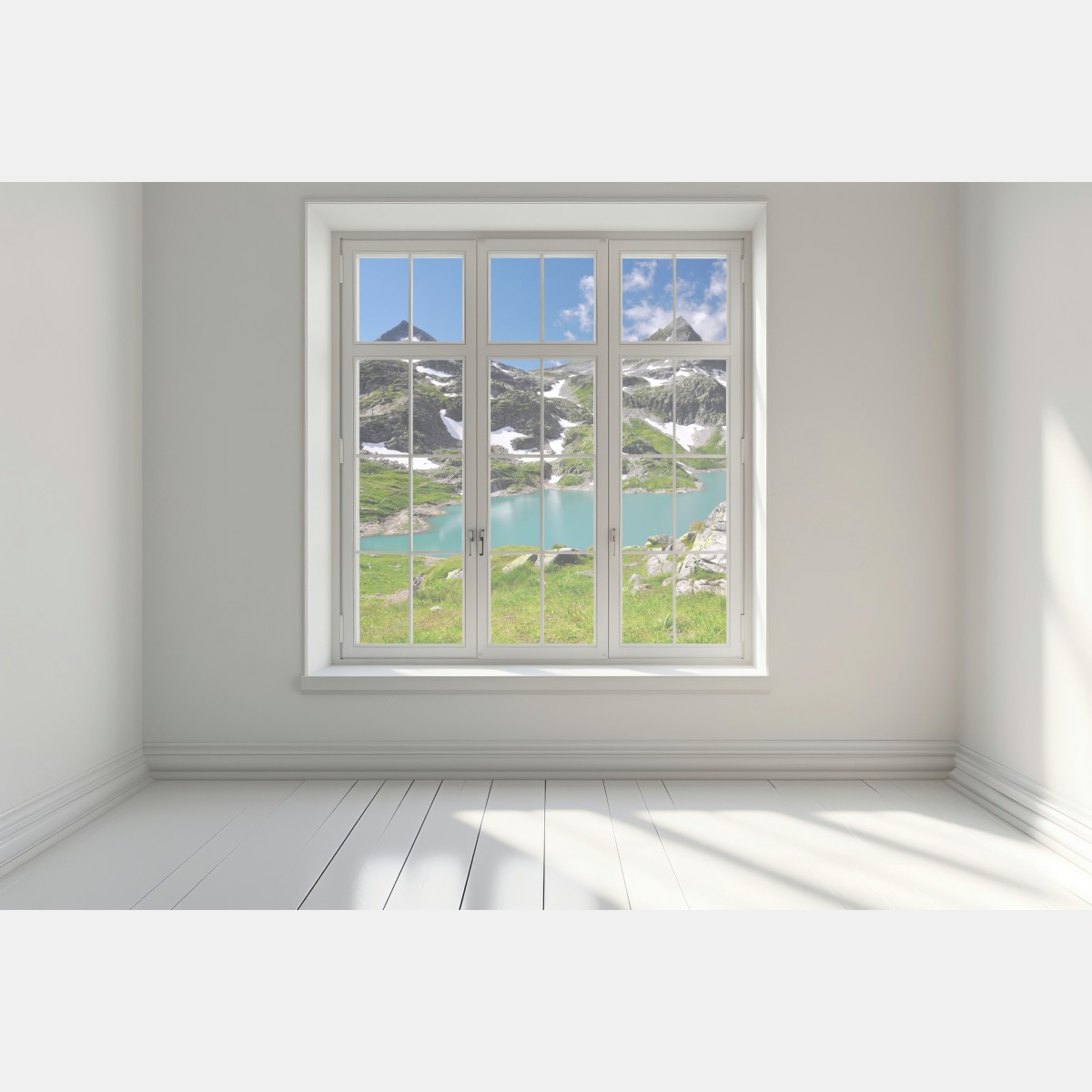 Naklejka na okno alpejskie jezioro z turkusową wodą i górami – Wallissimo® Naklejka na okno alpejskie jezioro z turkusową wodą i górami – Wallissimo®