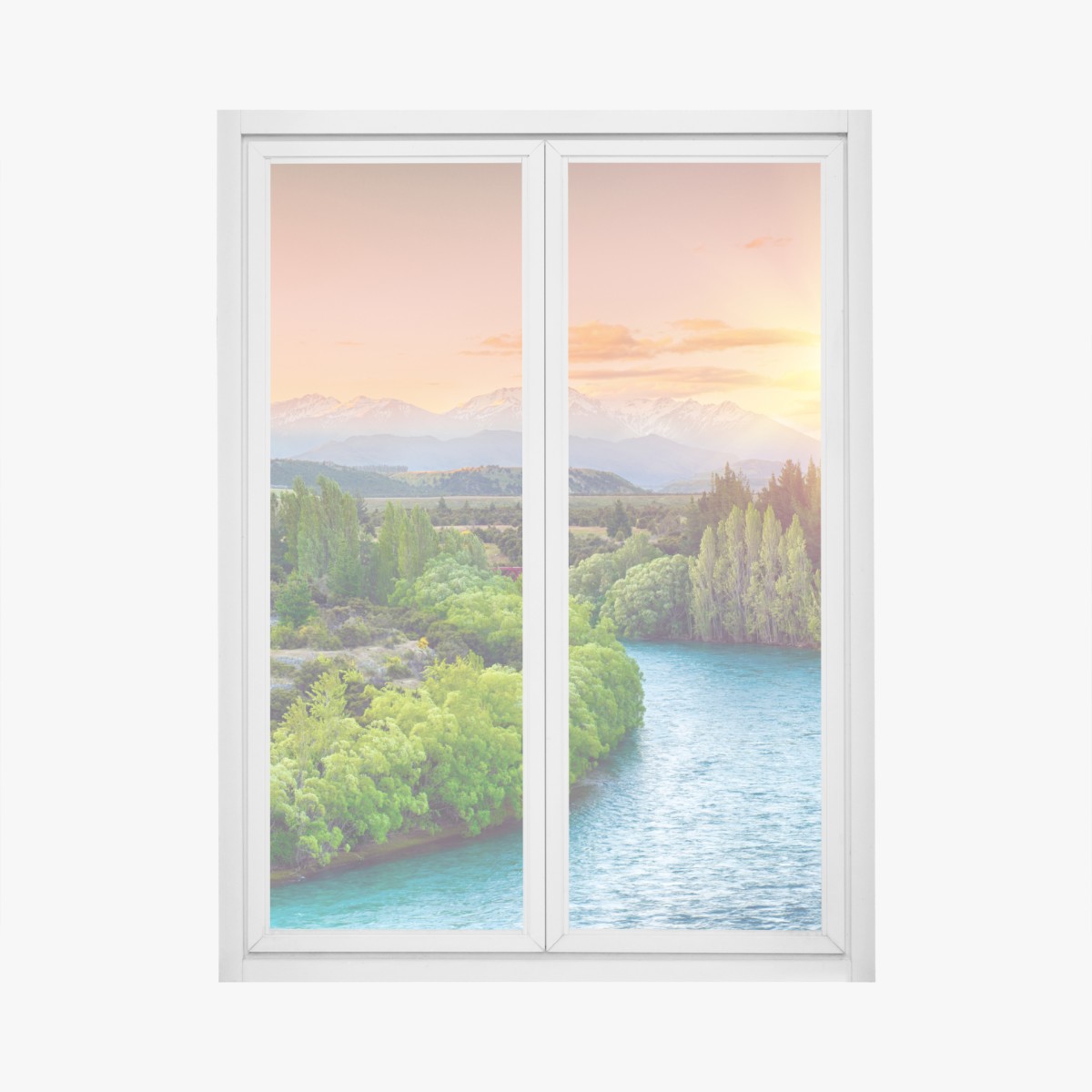 Window decal sunset over the Clutha River and Southern Alps