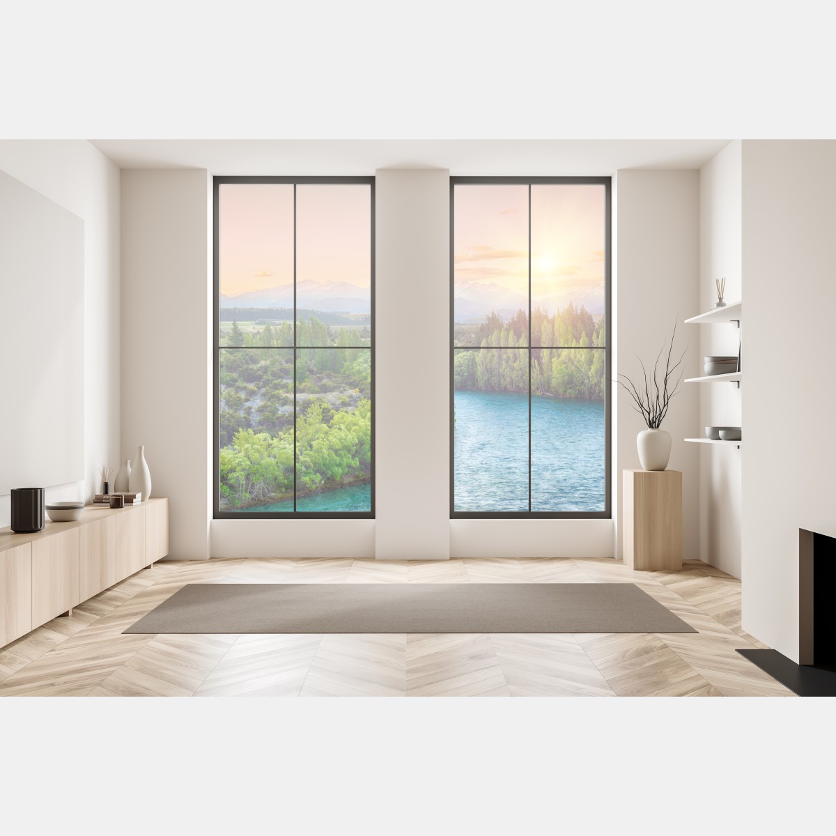 Naklejka na okno zachód słońca nad rzeką Clutha i Alpami Południowymi – Wallissimo® Naklejka na okno zachód słońca nad rzeką Clutha i Alpami Południowymi – Wallissimo®