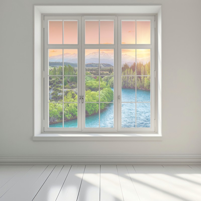 Naklejka na okno zachód słońca nad rzeką Clutha i Alpami Południowymi – Wallissimo® Naklejka na okno zachód słońca nad rzeką Clutha i Alpami Południowymi – Wallissimo®