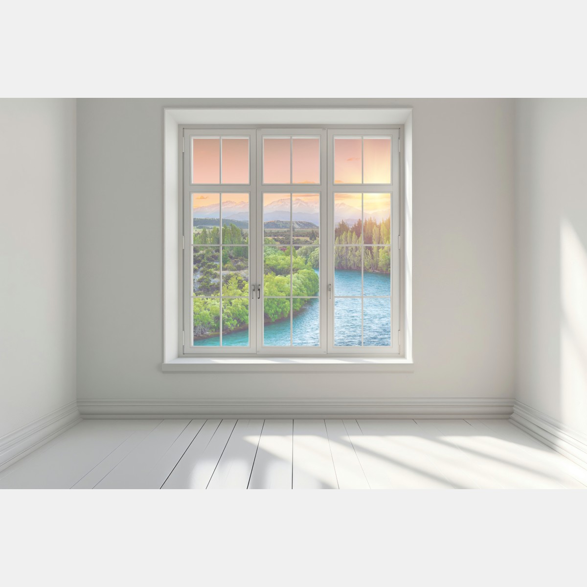 Naklejka na okno zachód słońca nad rzeką Clutha i Alpami Południowymi – Wallissimo® Naklejka na okno zachód słońca nad rzeką Clutha i Alpami Południowymi – Wallissimo®