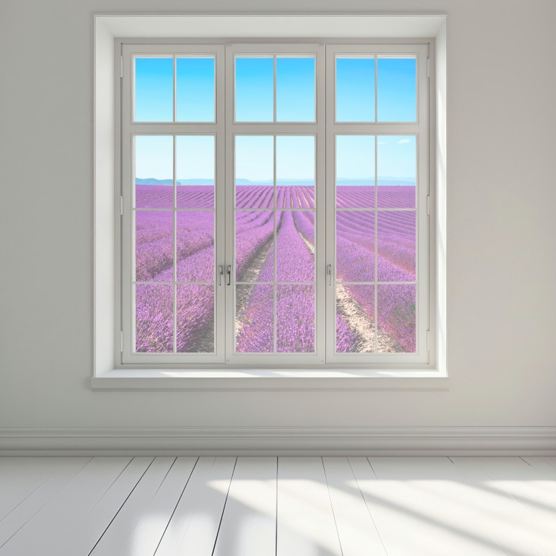 Naklejka na okno pola lawendy pod błękitnym niebem – Wallissimo® Naklejka na okno pola lawendy pod błękitnym niebem – Wallissimo®