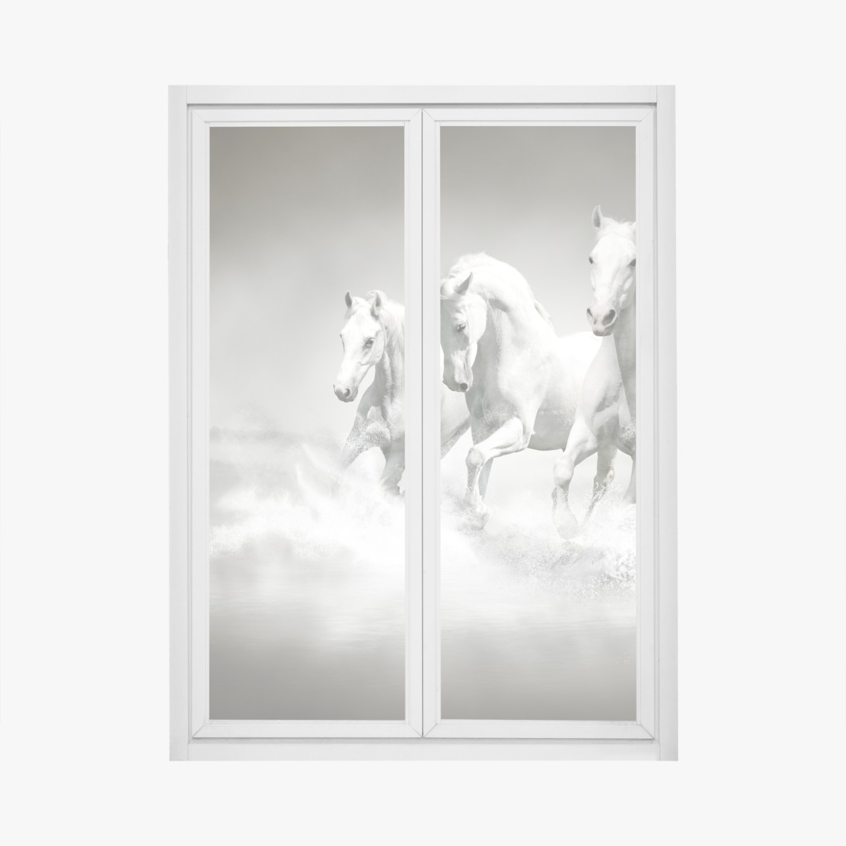 Window decal three white horses running through water