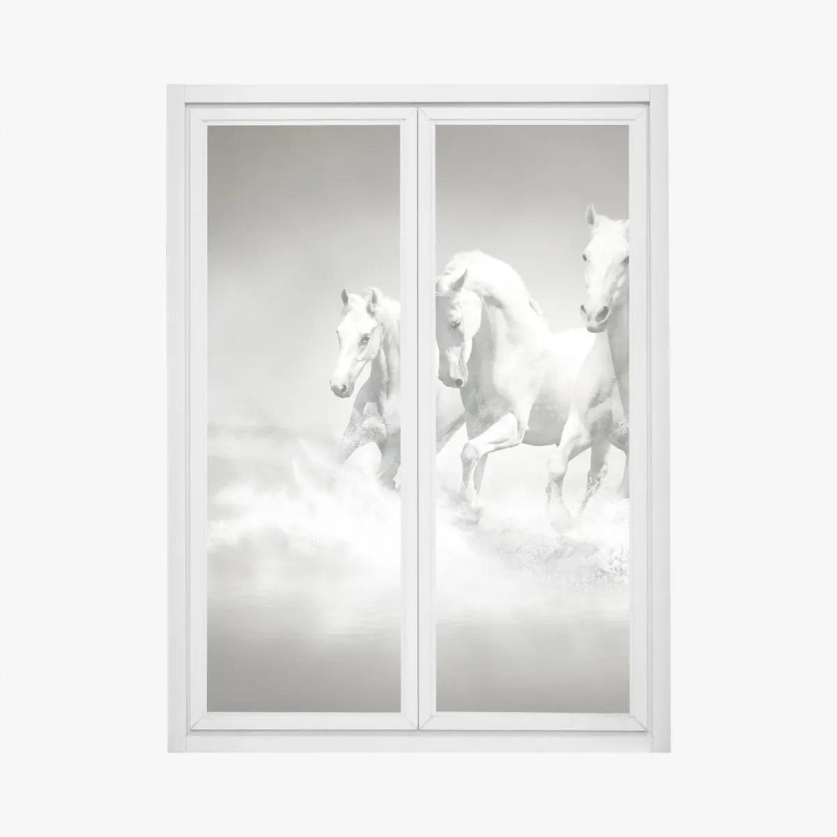 Naklejka na okno trzy białe konie galopujące przez wodę – Wallissimo® Naklejka na okno trzy białe konie galopujące przez wodę – Wallissimo®