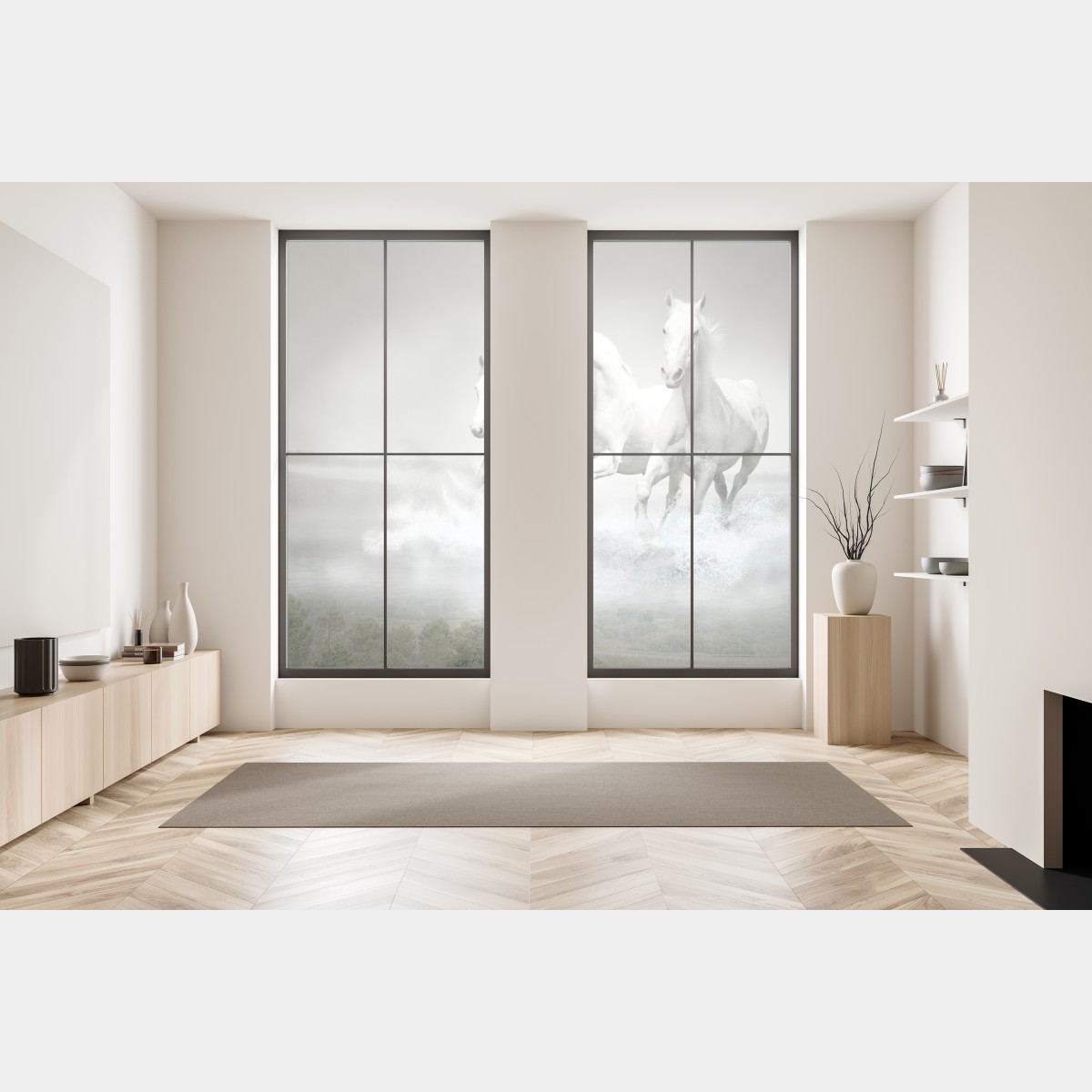 Naklejka na okno trzy białe konie galopujące przez wodę – Wallissimo® Naklejka na okno trzy białe konie galopujące przez wodę – Wallissimo®