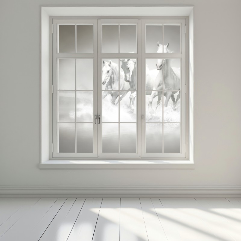 Naklejka na okno trzy białe konie galopujące przez wodę – Wallissimo® Naklejka na okno trzy białe konie galopujące przez wodę – Wallissimo®