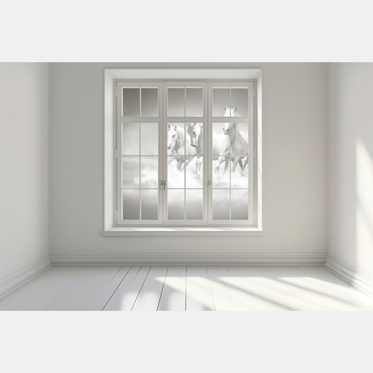 Naklejka na okno trzy białe konie galopujące przez wodę – Wallissimo® Naklejka na okno trzy białe konie galopujące przez wodę – Wallissimo®
