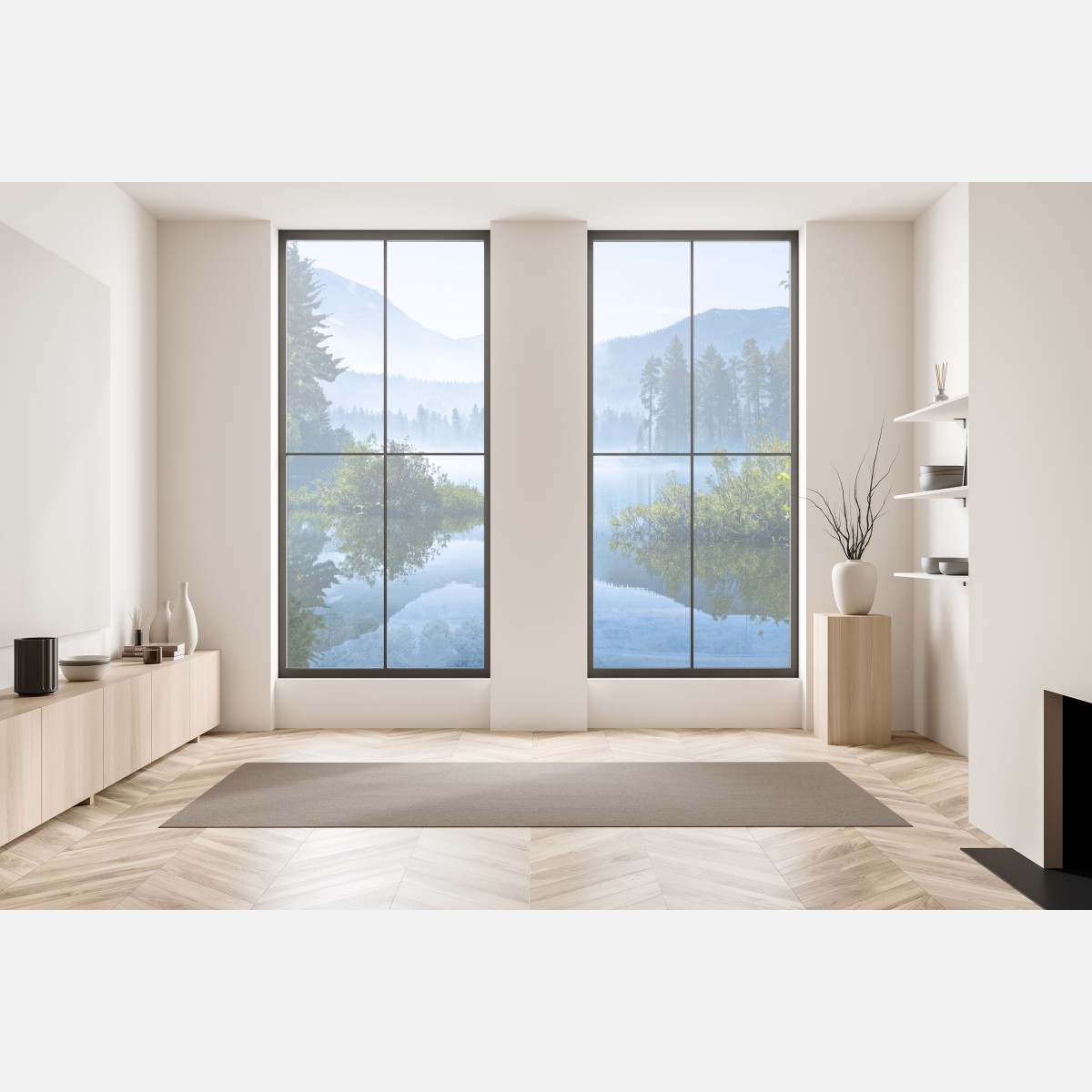 Naklejka na okno mglista górska tafla jeziora z odbiciem – Wallissimo® Naklejka na okno mglista górska tafla jeziora z odbiciem – Wallissimo®