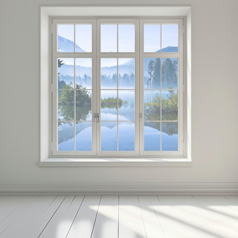 Naklejka na okno mglista górska tafla jeziora z odbiciem – Wallissimo® Naklejka na okno mglista górska tafla jeziora z odbiciem – Wallissimo®