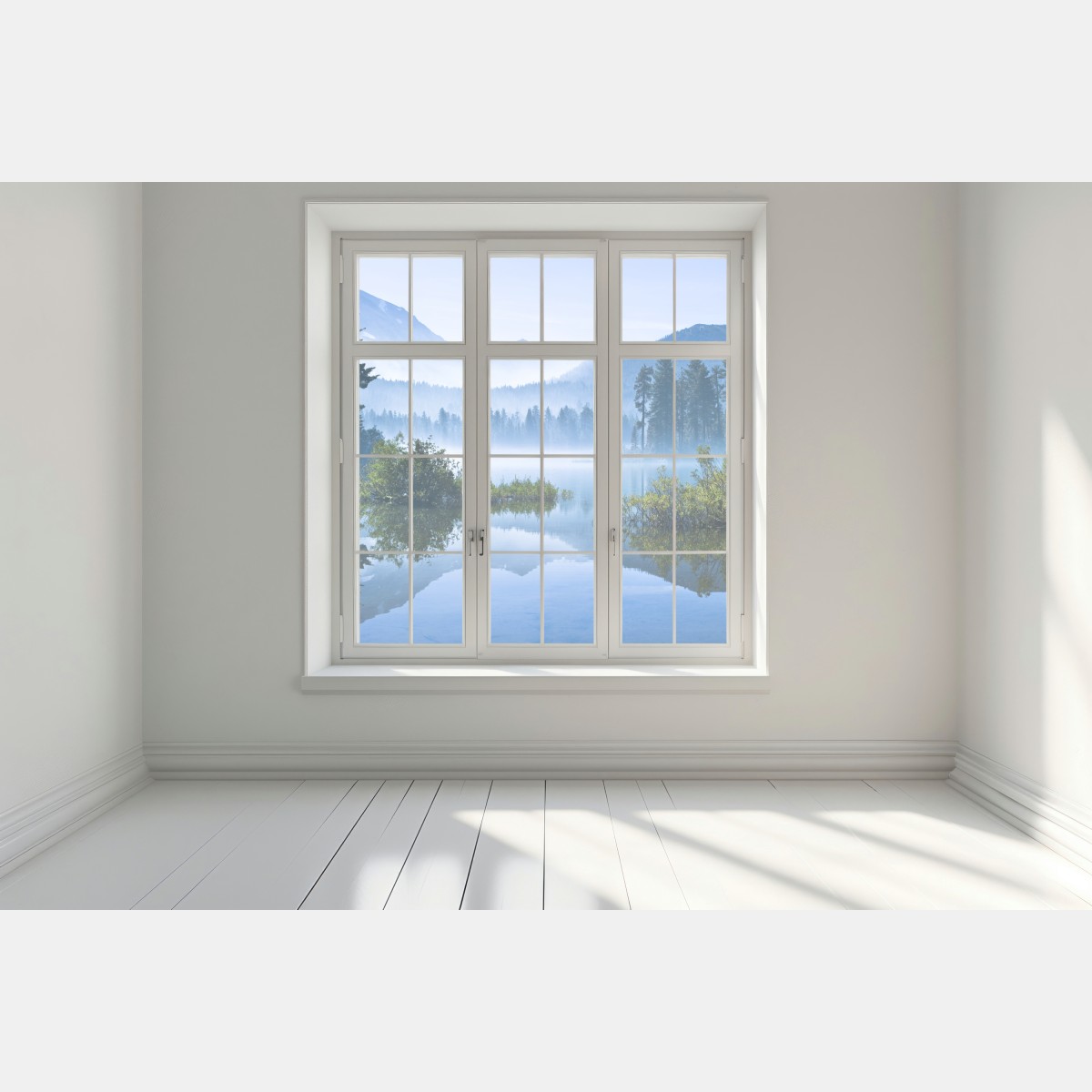 Naklejka na okno mglista górska tafla jeziora z odbiciem – Wallissimo® Naklejka na okno mglista górska tafla jeziora z odbiciem – Wallissimo®