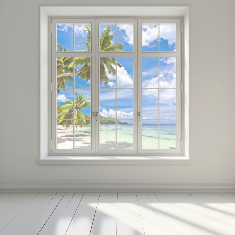 Naklejka na okno tropikalna plaża z palmami – Wallissimo® Naklejka na okno tropikalna plaża z palmami – Wallissimo®