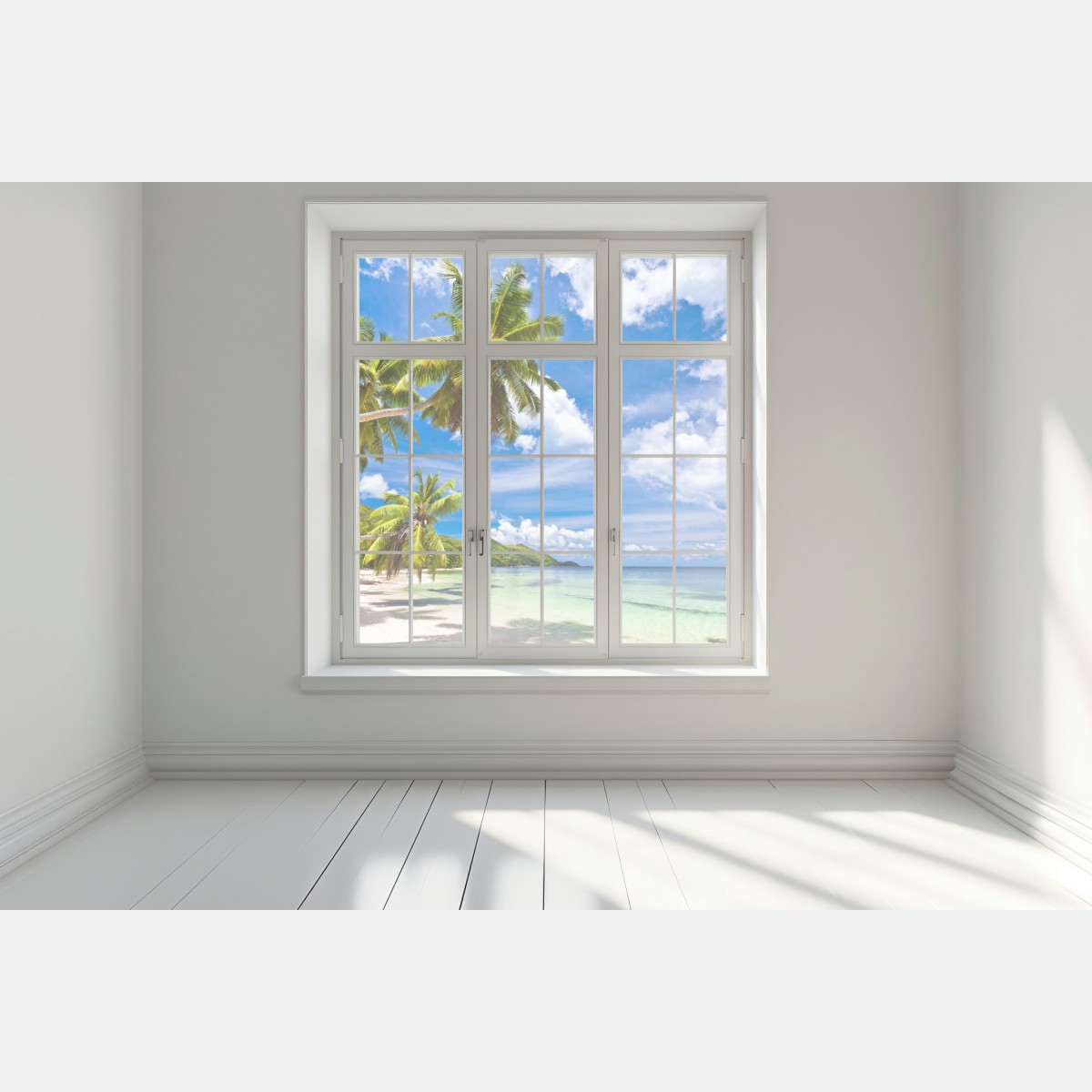 Naklejka na okno tropikalna plaża z palmami – Wallissimo® Naklejka na okno tropikalna plaża z palmami – Wallissimo®