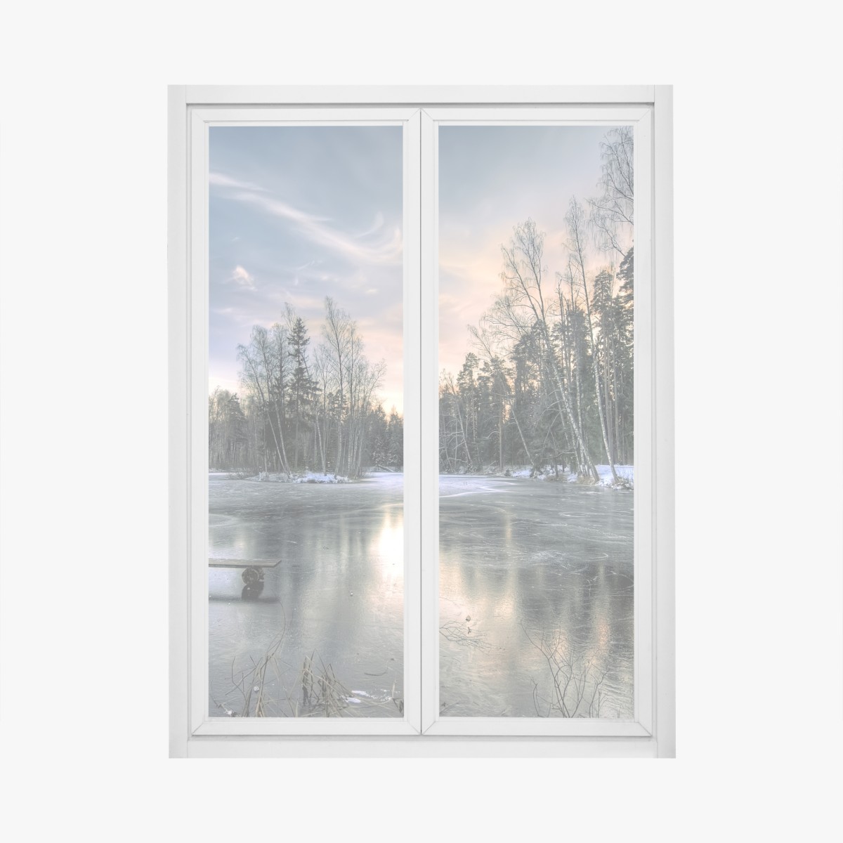 Window decal frozen lake at dawn with forest reflection