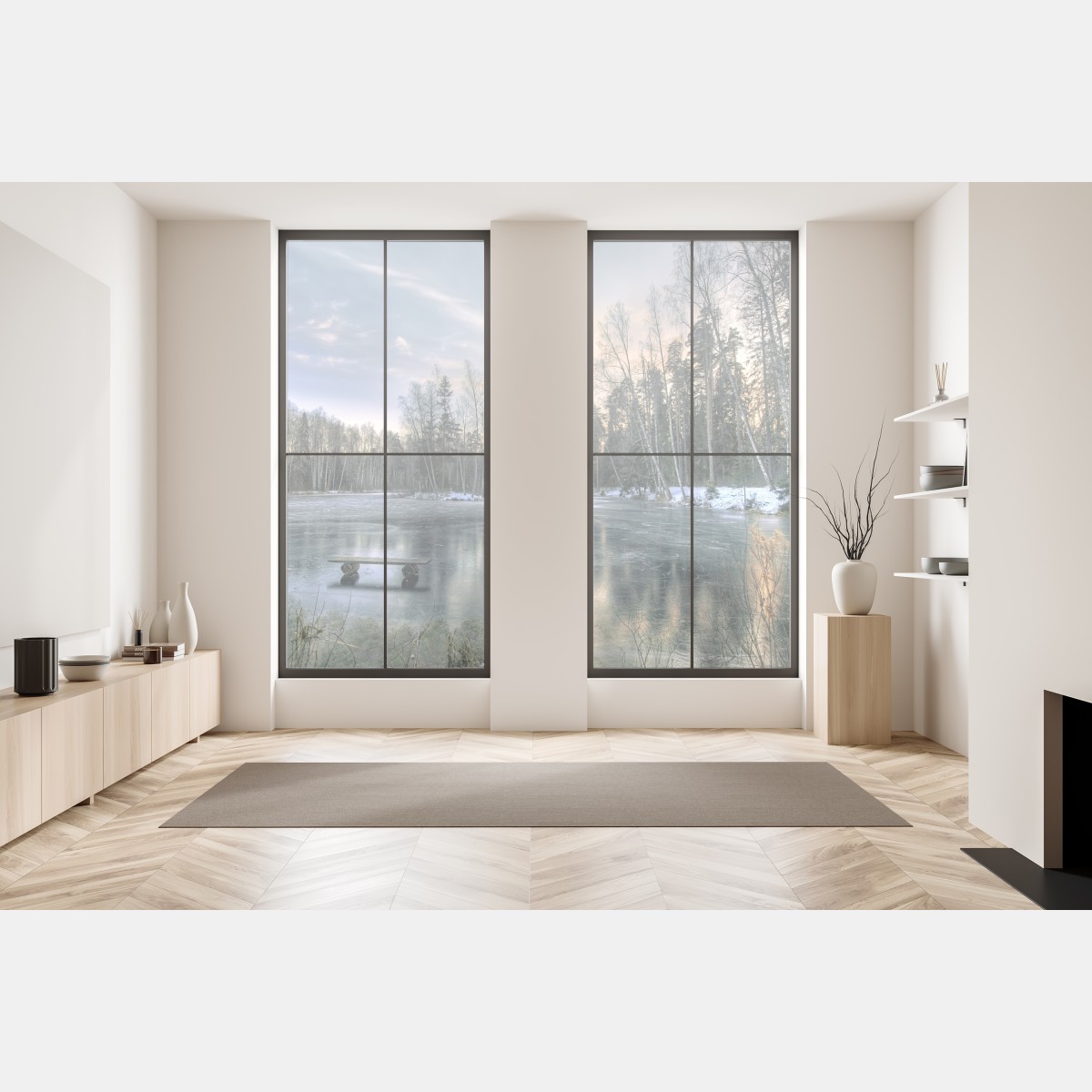 Naklejka na okno zamarznięte jezioro o świcie z leśnym odbiciem – Wallissimo® Naklejka na okno zamarznięte jezioro o świcie z leśnym odbiciem – Wallissimo®