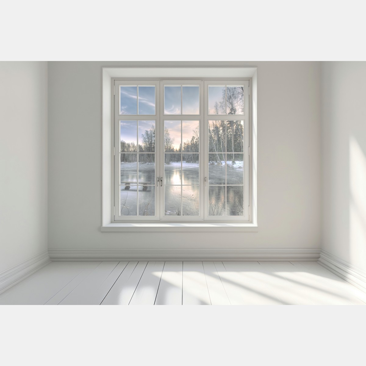 Naklejka na okno zamarznięte jezioro o świcie z leśnym odbiciem – Wallissimo® Naklejka na okno zamarznięte jezioro o świcie z leśnym odbiciem – Wallissimo®