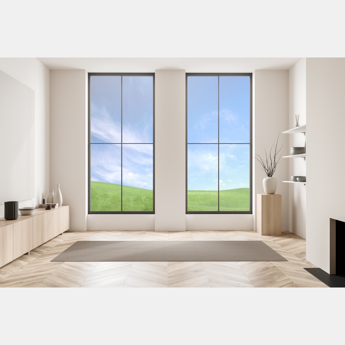 Naklejka na okno słoneczna zielona łąka pod niebieskim niebem – Wallissimo® Naklejka na okno słoneczna zielona łąka pod niebieskim niebem – Wallissimo®