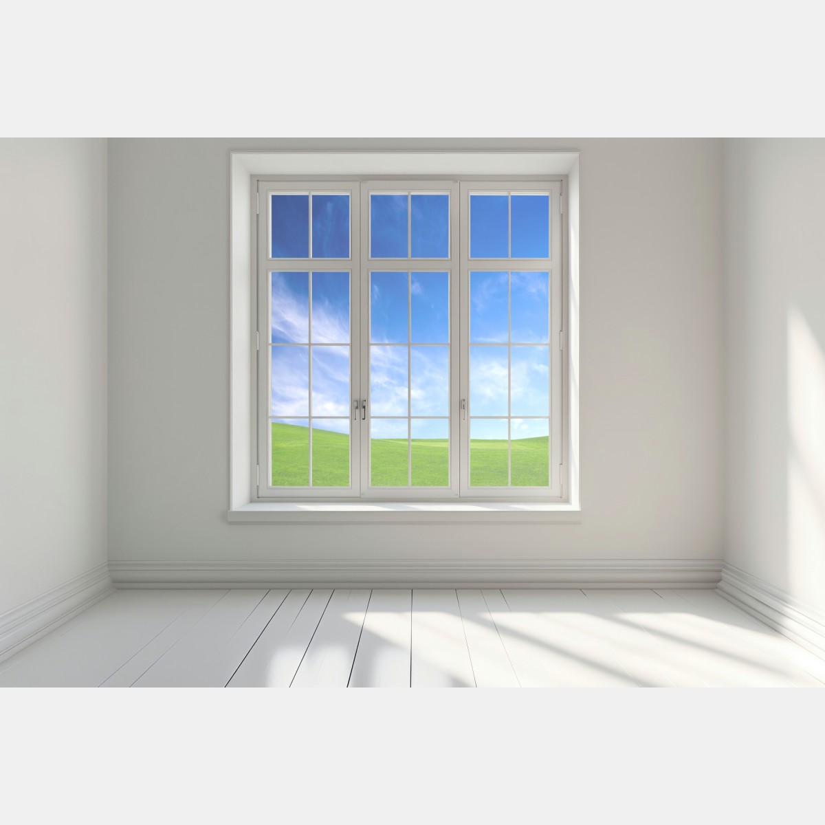Naklejka na okno słoneczna zielona łąka pod niebieskim niebem – Wallissimo® Naklejka na okno słoneczna zielona łąka pod niebieskim niebem – Wallissimo®