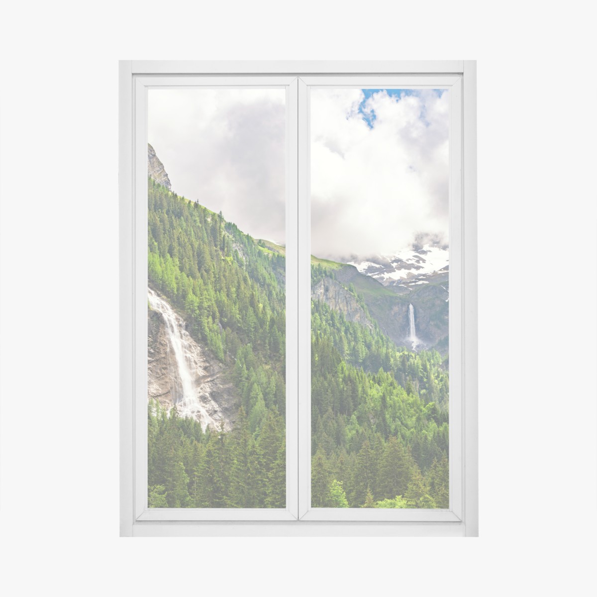 Window decal misty alpine waterfalls over lush pine valley