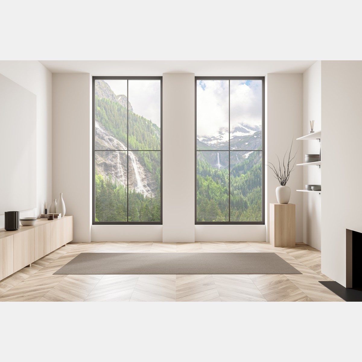 Naklejka na okno mglisty alpejski wodospad nad zieloną doliną – Wallissimo® Naklejka na okno mglisty alpejski wodospad nad zieloną doliną – Wallissimo®