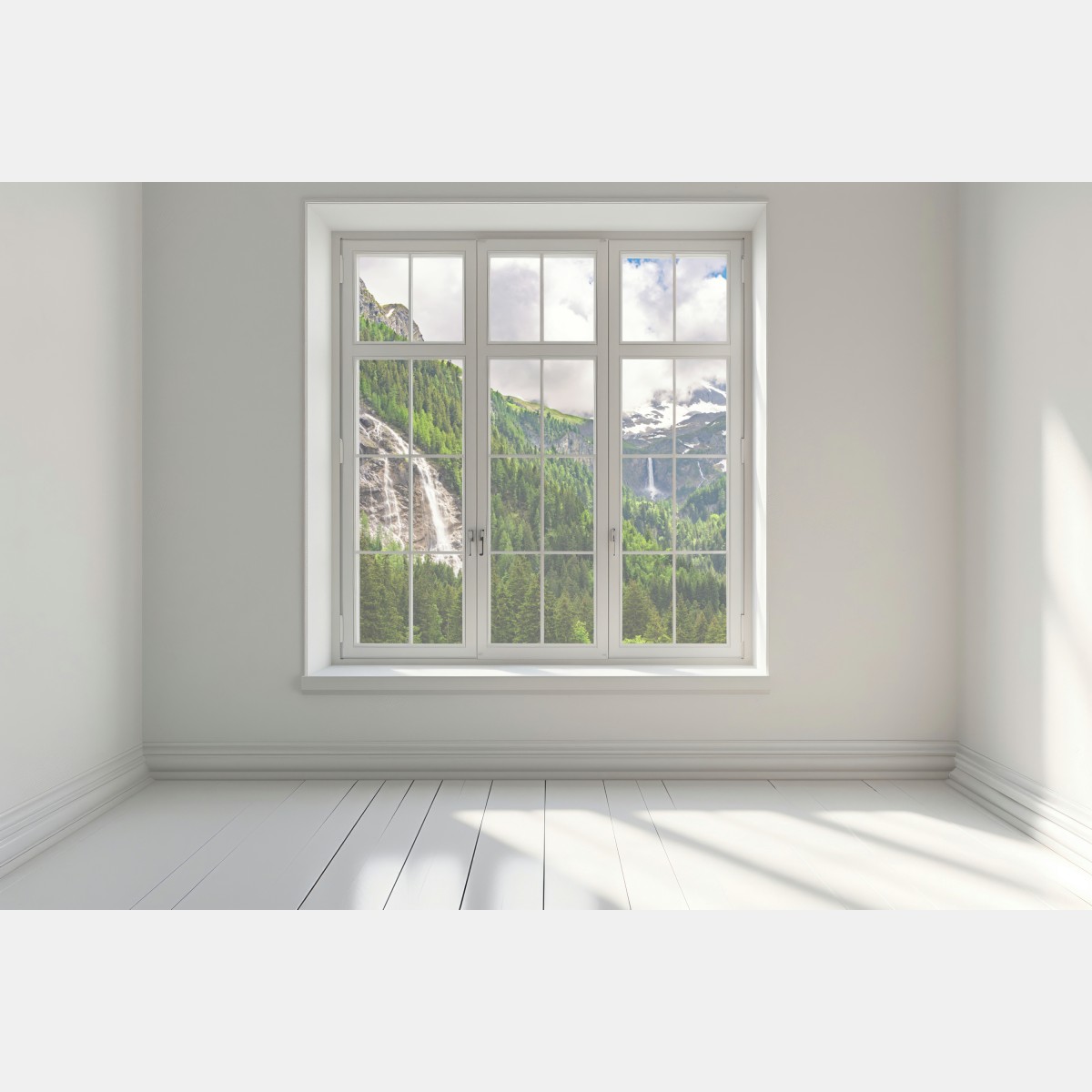 Naklejka na okno mglisty alpejski wodospad nad zieloną doliną – Wallissimo® Naklejka na okno mglisty alpejski wodospad nad zieloną doliną – Wallissimo®