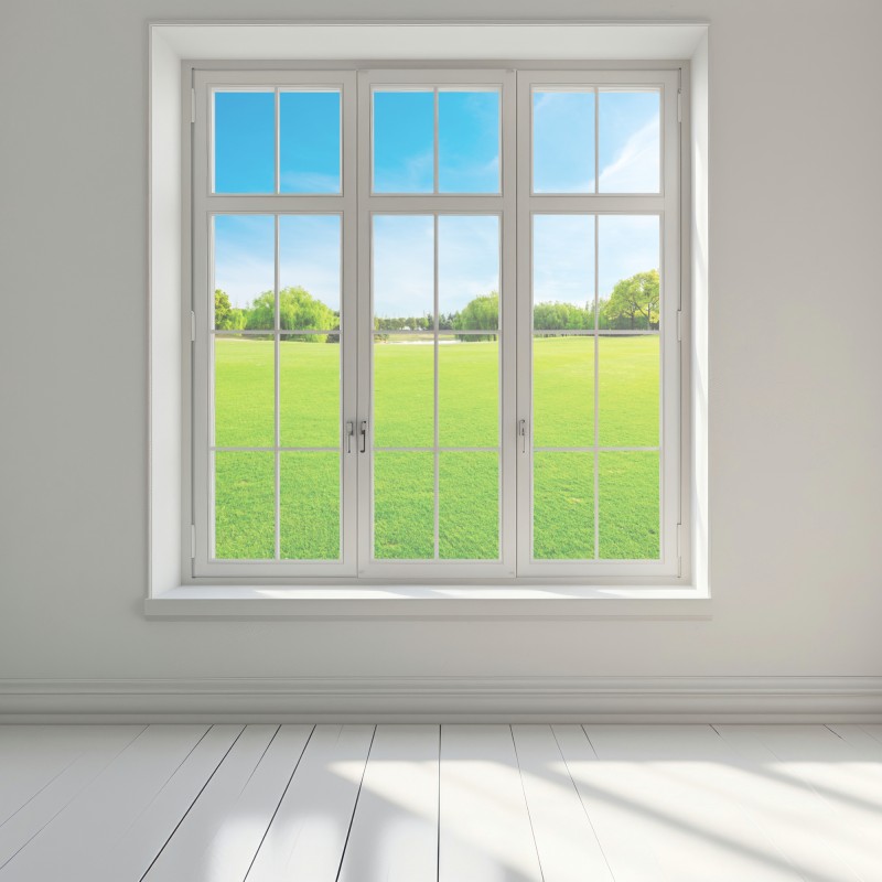 Naklejka na okno spokojna zielona łąka pod błękitnym niebem – Wallissimo® Naklejka na okno spokojna zielona łąka pod błękitnym niebem – Wallissimo®