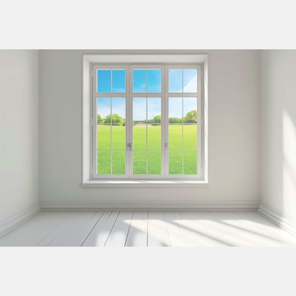 Naklejka na okno spokojna zielona łąka pod błękitnym niebem – Wallissimo® Naklejka na okno spokojna zielona łąka pod błękitnym niebem – Wallissimo®