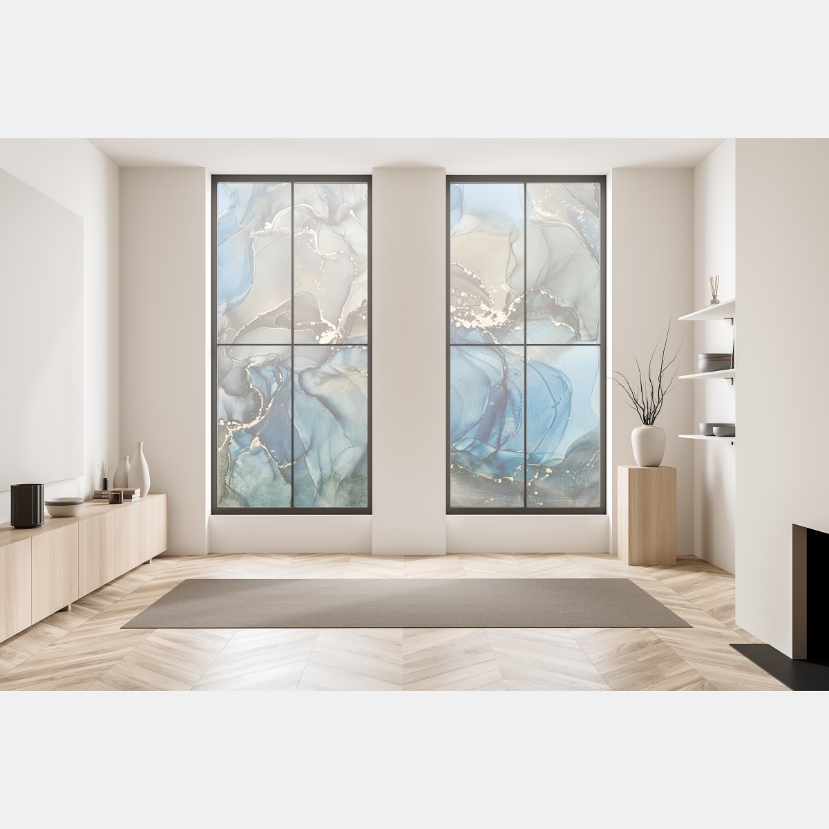 Naklejka na okno abstrakcja w odcieniach niebieskiego i złota – Wallissimo® Naklejka na okno abstrakcja w odcieniach niebieskiego i złota – Wallissimo®