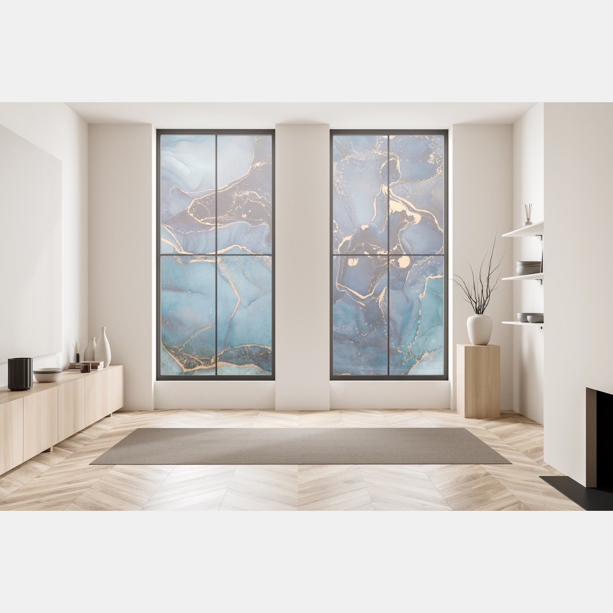 Naklejka na okno głębokie oceaniczne błękity ze złotymi żyłami – Wallissimo® Naklejka na okno głębokie oceaniczne błękity ze złotymi żyłami – Wallissimo®