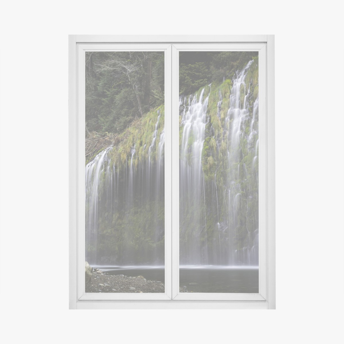 Window decal mossy waterfall in forest