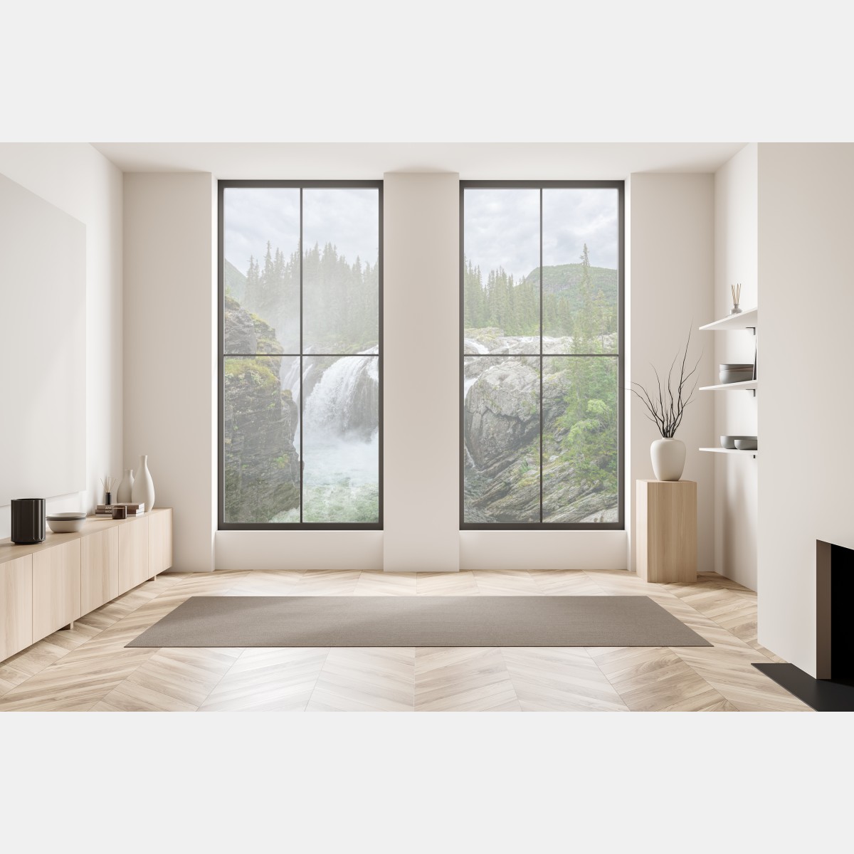 Naklejka na okno mglisty wodospad w bujnym sosnowym lesie – Wallissimo® Naklejka na okno mglisty wodospad w bujnym sosnowym lesie – Wallissimo®