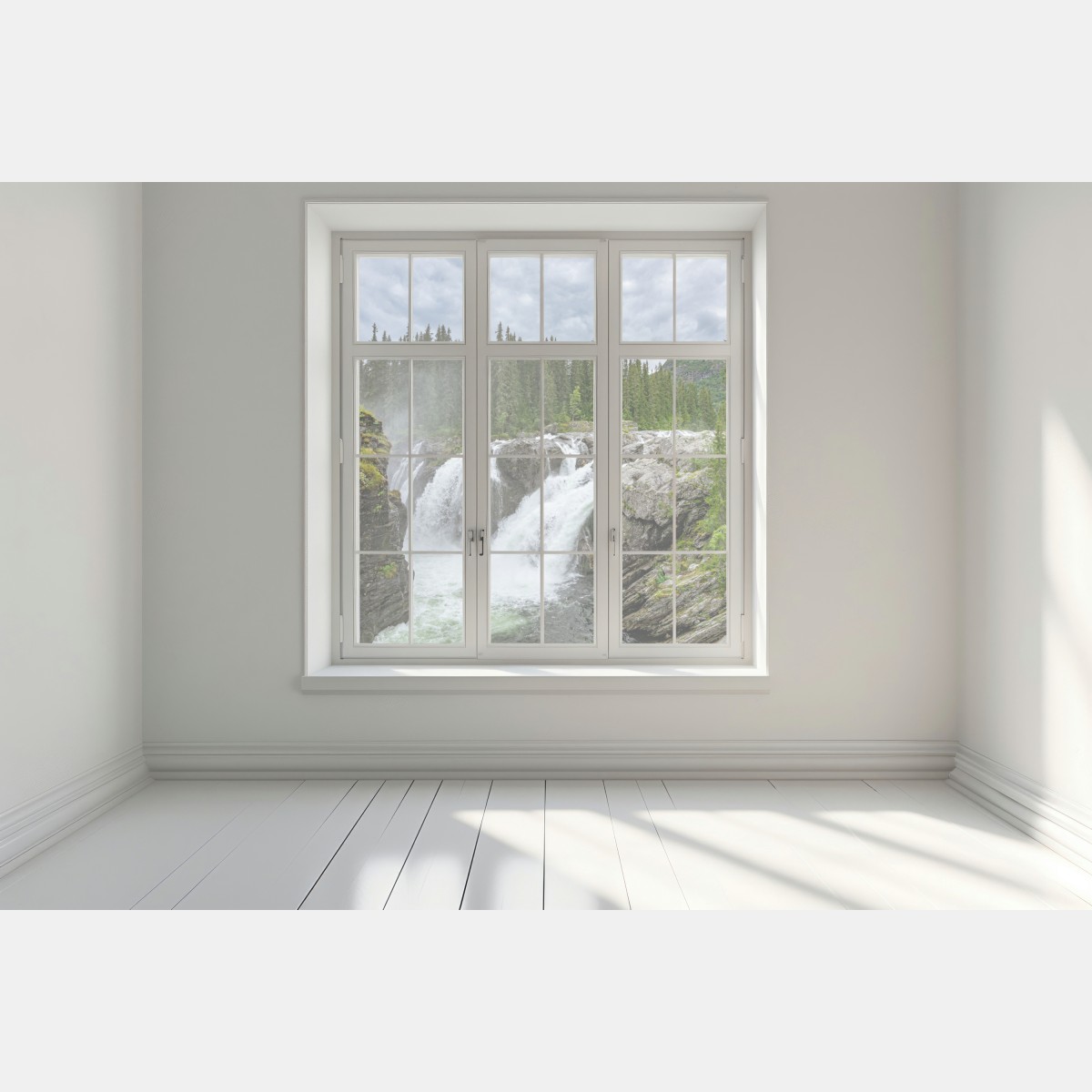 Naklejka na okno mglisty wodospad w bujnym sosnowym lesie – Wallissimo® Naklejka na okno mglisty wodospad w bujnym sosnowym lesie – Wallissimo®