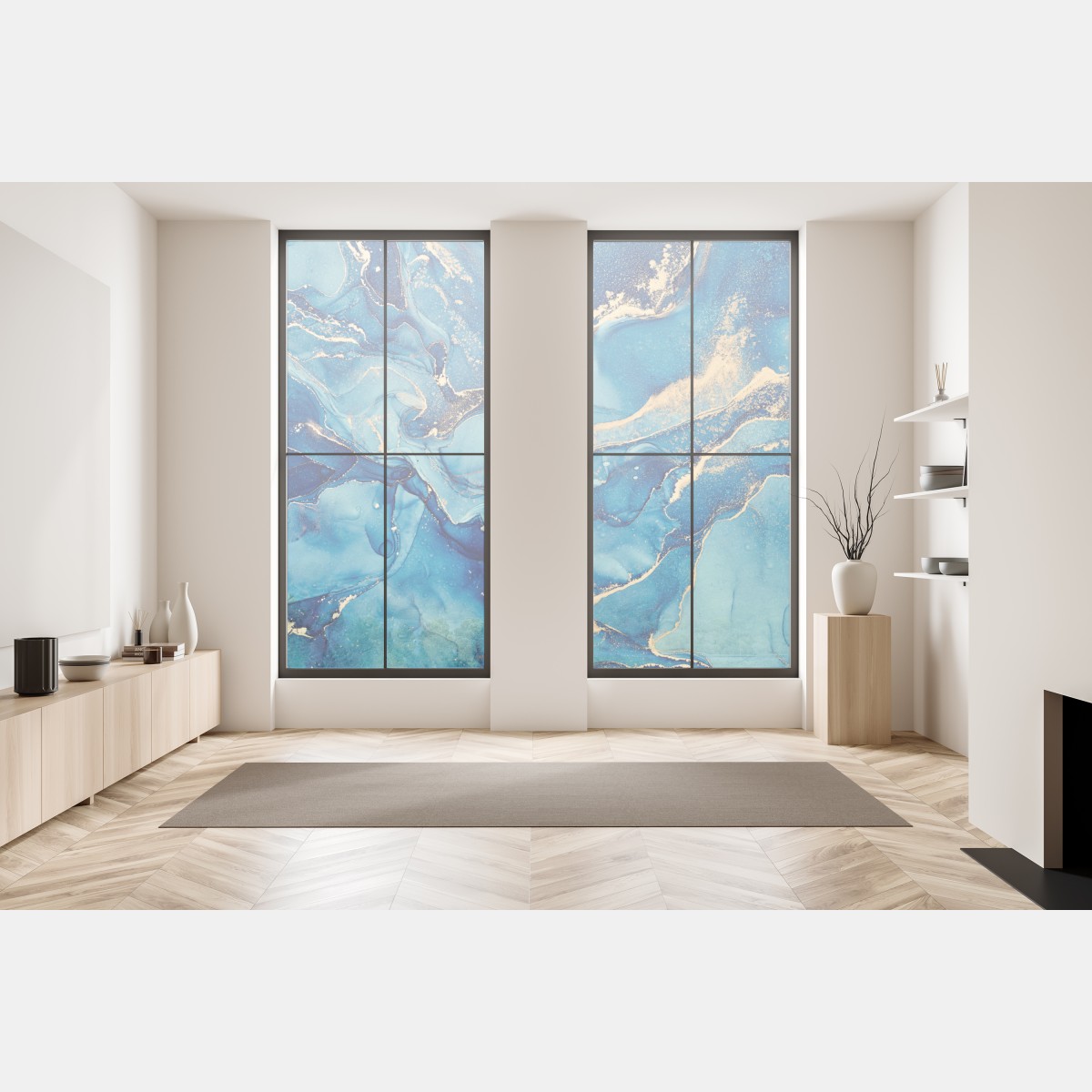 Naklejka na okno oceaniczny błękit i złote zawirowania – Wallissimo® Naklejka na okno oceaniczny błękit i złote zawirowania – Wallissimo®