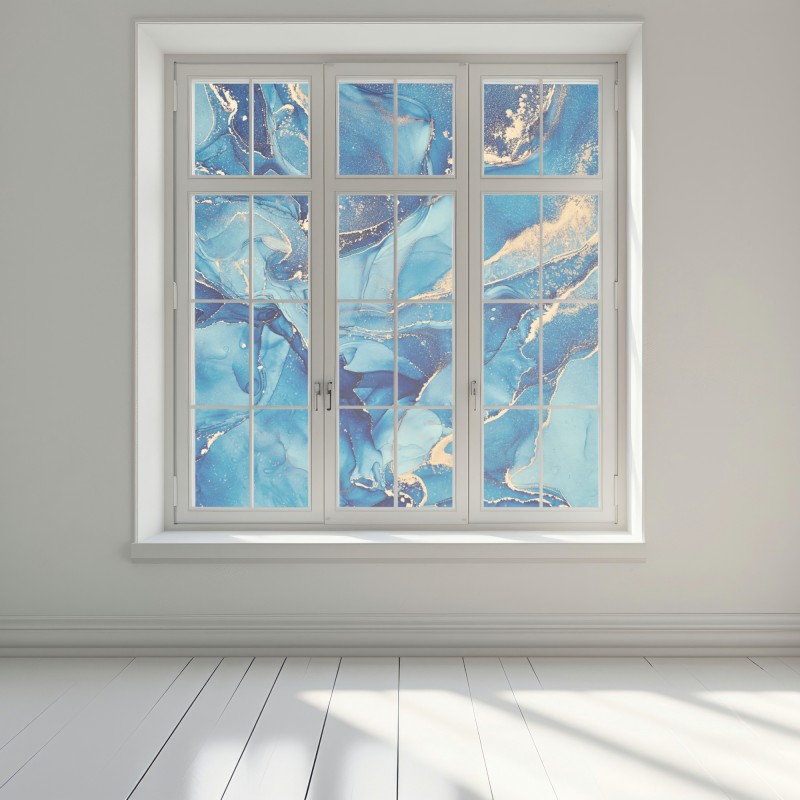 Naklejka na okno oceaniczny błękit i złote zawirowania – Wallissimo® Naklejka na okno oceaniczny błękit i złote zawirowania – Wallissimo®