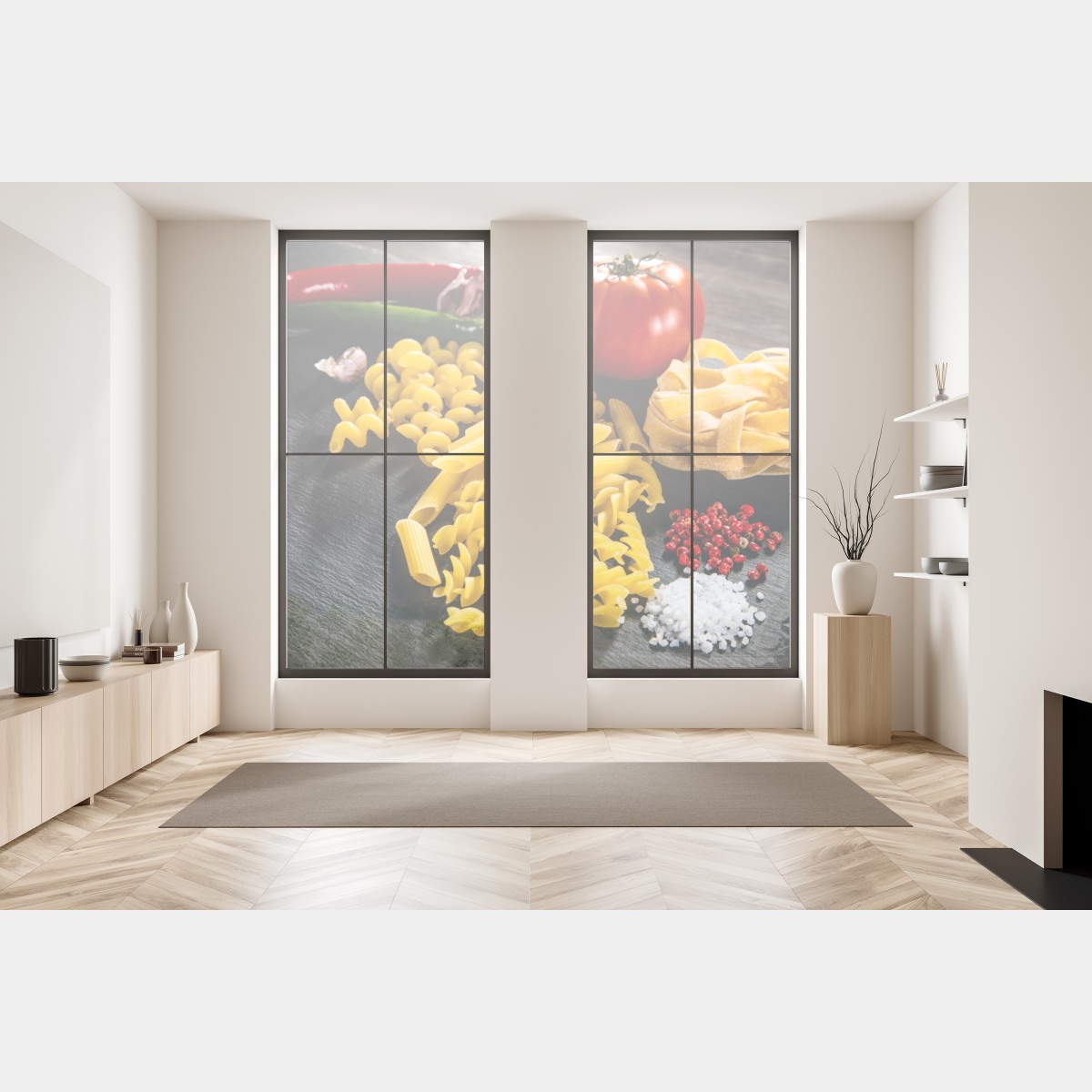 Naklejka na okno zbiór suchych makaronów i świeże składniki – Wallissimo® Naklejka na okno zbiór suchych makaronów i świeże składniki – Wallissimo®