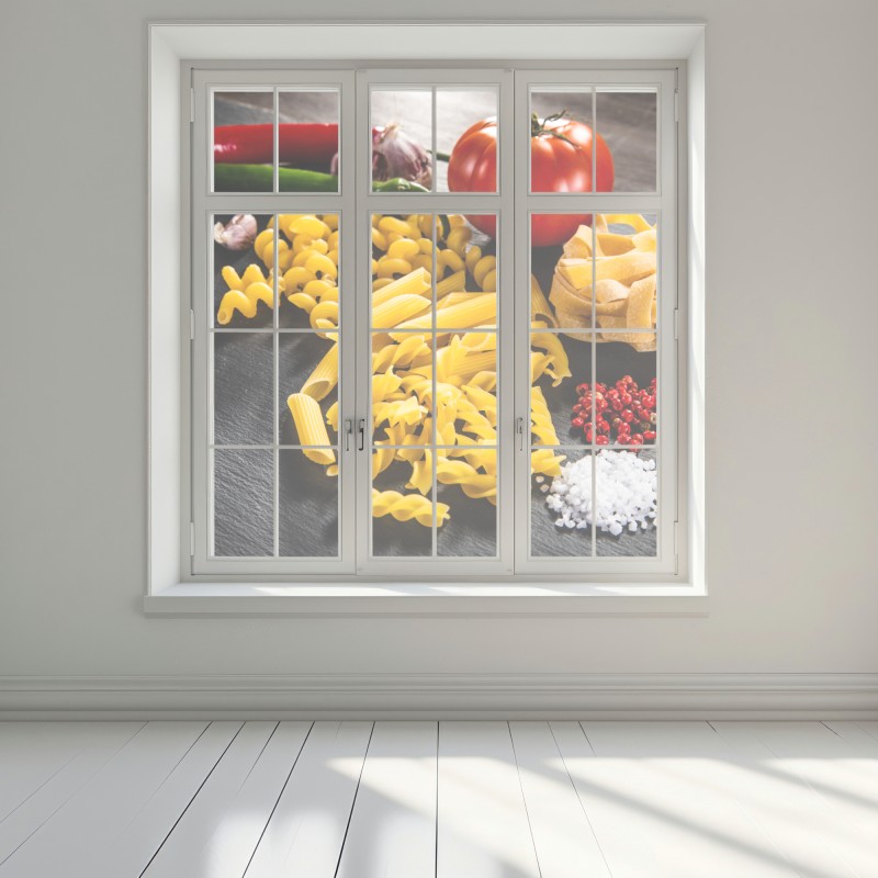 Naklejka na okno zbiór suchych makaronów i świeże składniki – Wallissimo® Naklejka na okno zbiór suchych makaronów i świeże składniki – Wallissimo®