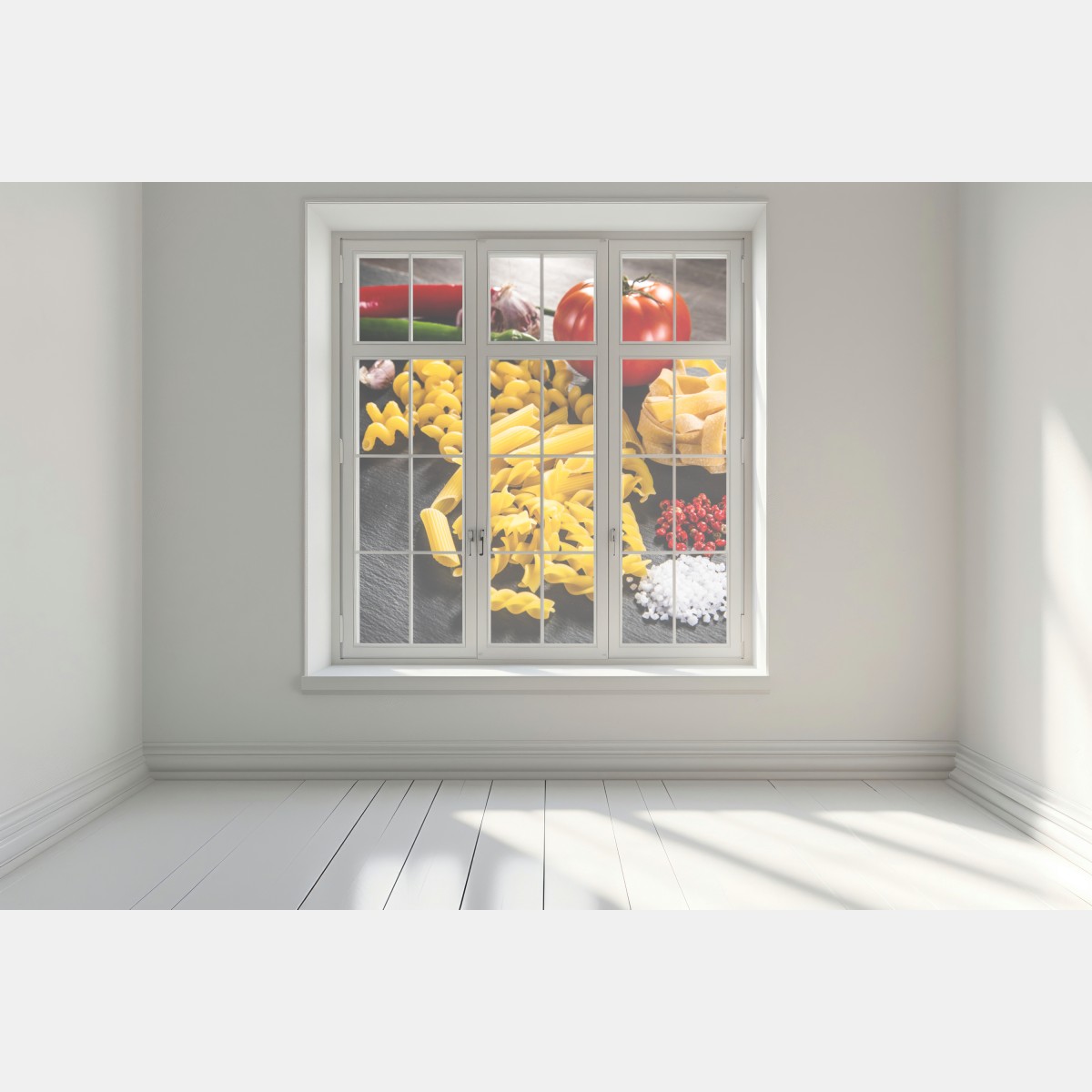 Naklejka na okno zbiór suchych makaronów i świeże składniki – Wallissimo® Naklejka na okno zbiór suchych makaronów i świeże składniki – Wallissimo®
