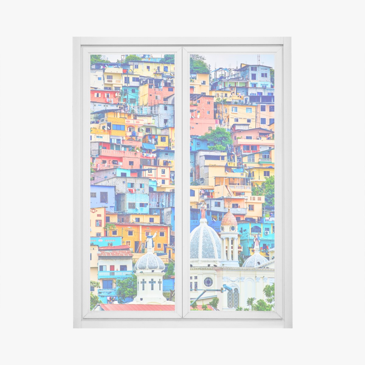 Window decal colorful houses of Las Peñas on Santa Ana Hill, Guayaquil