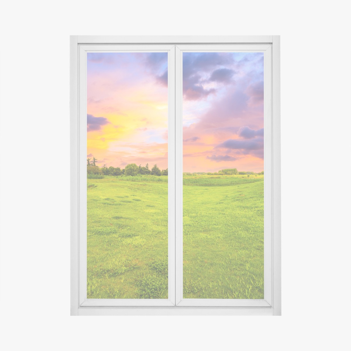 Window decal sunset over green meadow