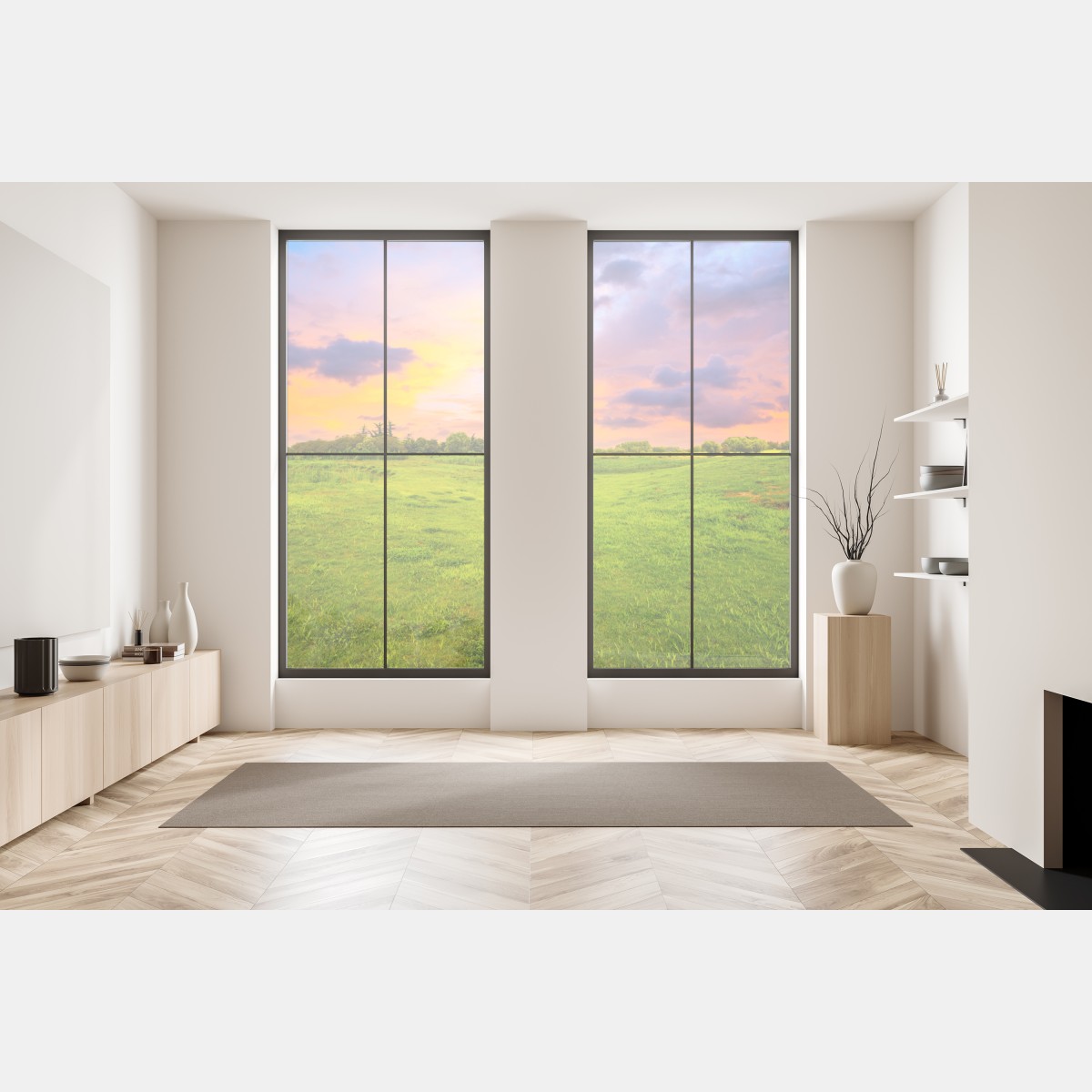 Naklejka na okno zachód słońca nad zieloną łąką – Wallissimo® Naklejka na okno zachód słońca nad zieloną łąką – Wallissimo®